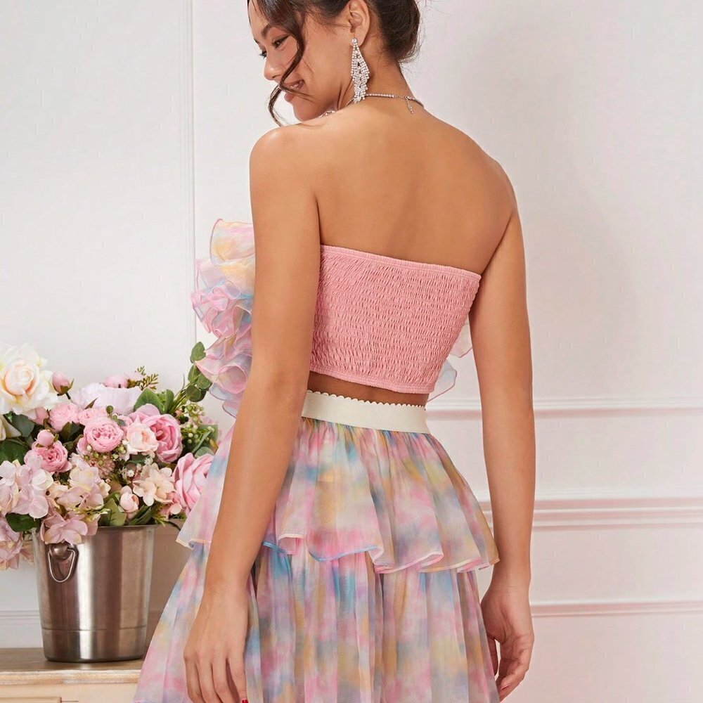 Pink PreppyWomens Summer Blurred Floral Layered Ruffle Top - Picture 5 of 5